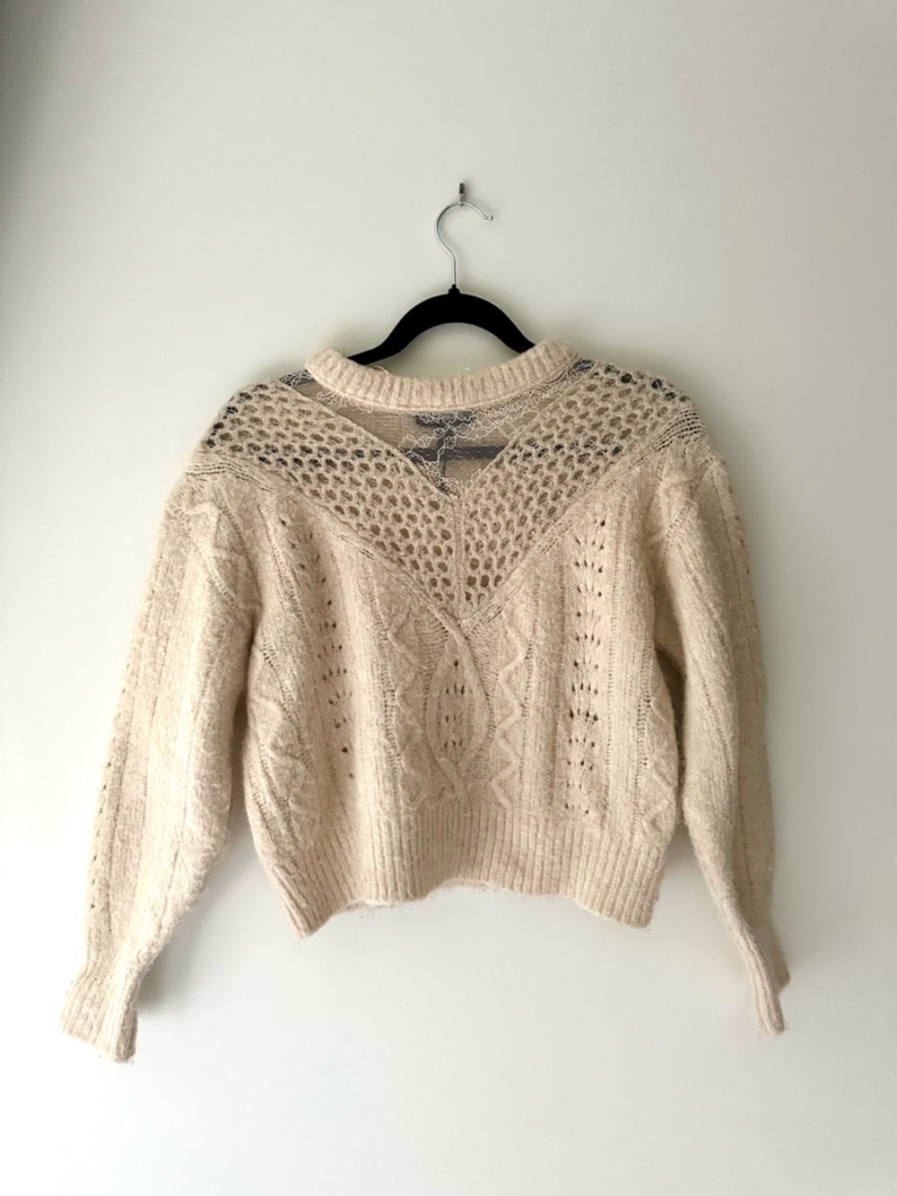 Express Cream Open-Knit Cable Crewneck Sweater